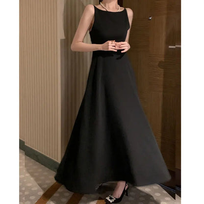 Korea Evening Party Long White Dress Elegant Solid Sleeveless Strap A Line Dress Beach Women One Piece Backless Black Dress