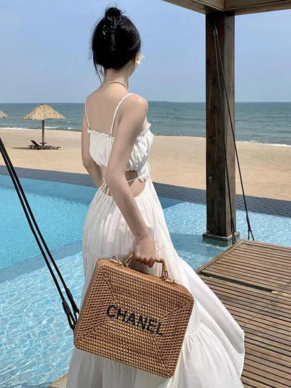 Women Beach Holiday White Dress Summer Backless Hollow Out Lace Up Bandage Long Dresses Female Club Party Fairy Maxi Dress