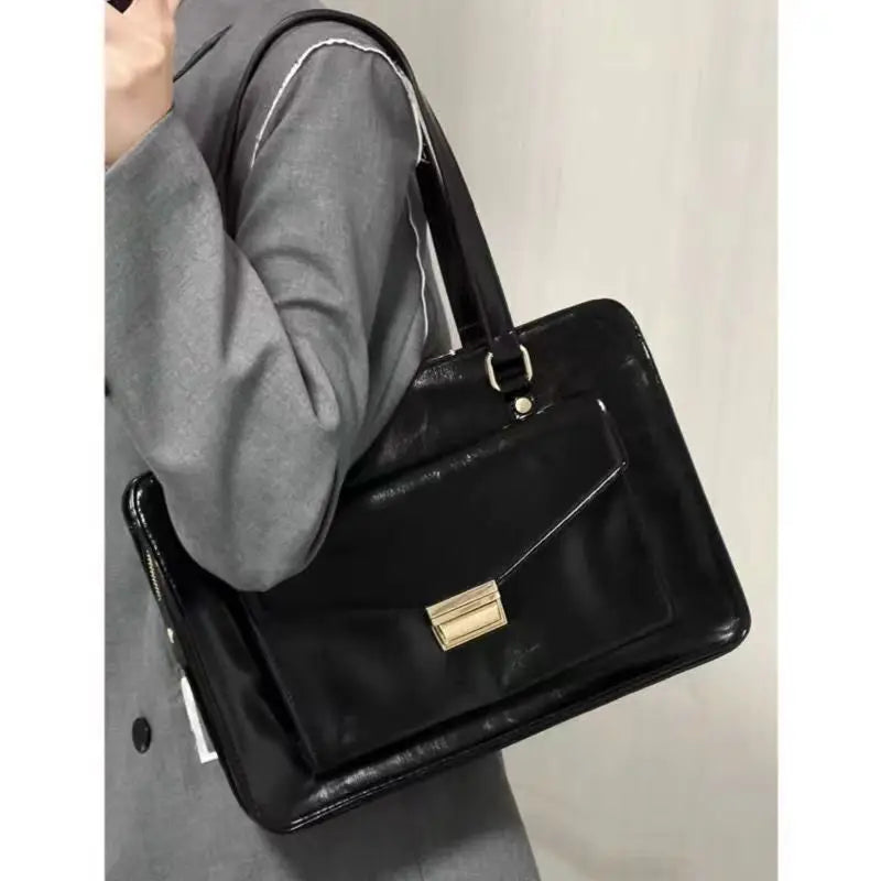 Vintage Black Shoulder Bag Briefcase Women Preppy Style Pu Leather Jk Handbag Ladies Large Capacity Casual Handbags Y2k