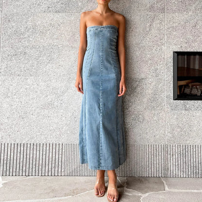 YESMYTOOL  -  Side Slit Denim Bodycon Dress For Women Slim Sleeveless Maxi Dresses Women's Street Sexy Streetwear Woman Autumn 2024 New