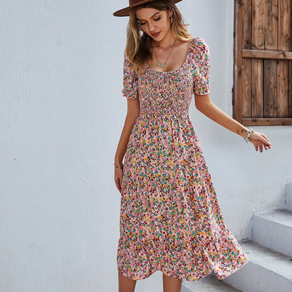 Spring Summer Long Print Dress Women Bohemian Short Sleeve High Waist Flroal Dresses For Ladies Leisure