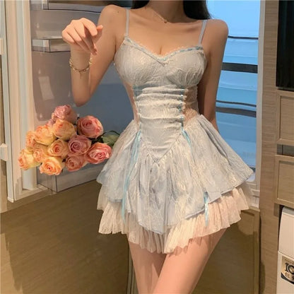 Elegant Lace Patchwork Blue Strap Dresses Summer New Slim Fit Dress for Women Y2k E-Girl High Waist Ruched Vestidos Mujer