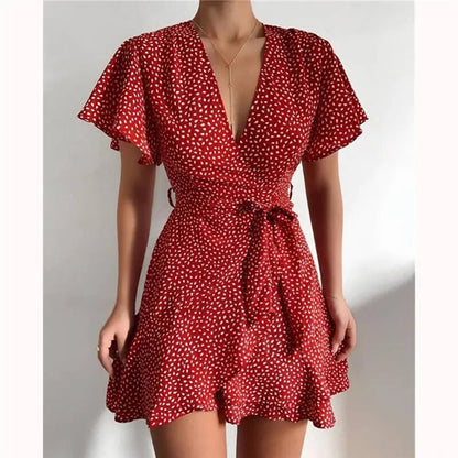 Summer V-Neck Ruffle Women Dress Belt Wrap Print Mini Dress Sexy A-Line Dress Casual Beach Sundress Sweet Elegant Short Dress