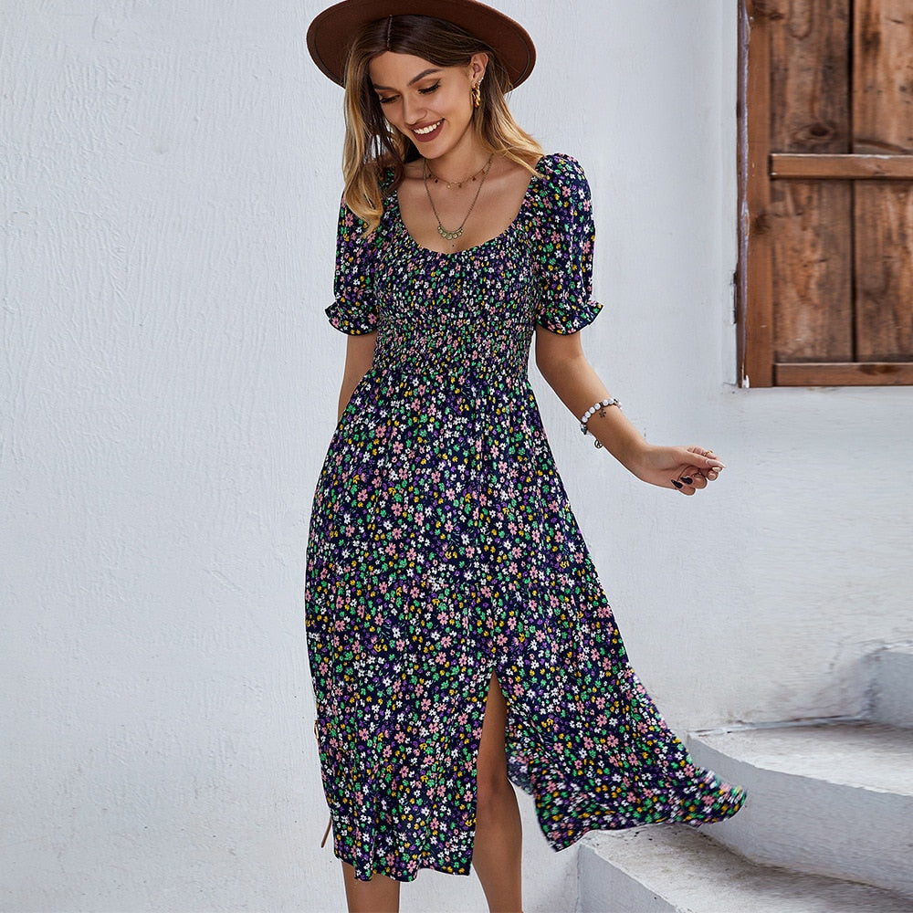 Spring Summer Long Print Dress Women Bohemian Short Sleeve High Waist Flroal Dresses For Ladies Leisure