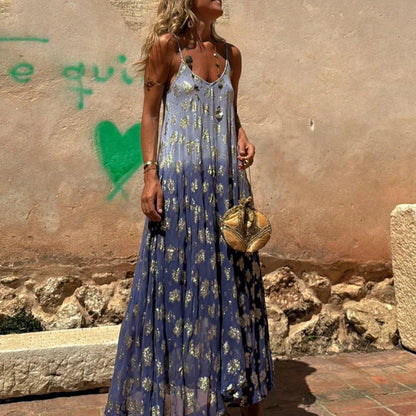 YESMYTOOL  -  Gradient Printed Loose Bohemian Dress Summer Women V-neck Spaghetti Strap Long Dress Sexy Hollow Sleeveless Pleated Beach Dress