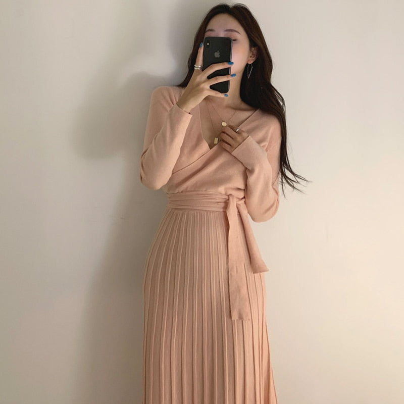 Stretchy Women Knitted Bodycon Pencil Dress New Autumn Winter Solid Vestidos Long Sleeve V Neck Slim Lady Chic Korean Dress