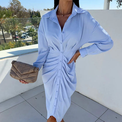 YESMYTOOL  -  Commuter Lady Elegant Button Lapel Shirt Dress 2024 Spring Solid Slim Fit Pleated Party Dress Autumn Long Sleeve Boho Maxi Dress