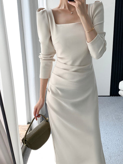 Square Collar Solid Wedding Maxi Dresses for Women Office Lady Bodycon Midi Dress Elegant Korea Fashion Clothes Autumn Robe