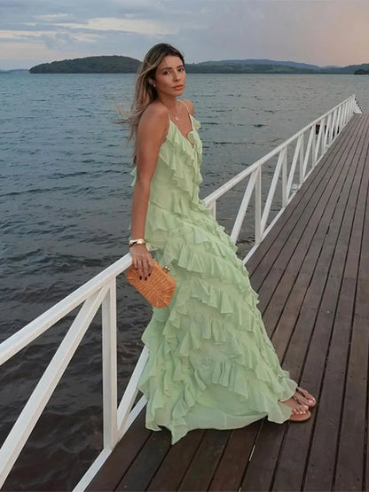 YESMYTOOL  -  Fashion Green Women Sling Maxi Dress Elegant V-neck Sleeveless Slim Dresses 2024 Summer Female Chic Beach Vacation Robes