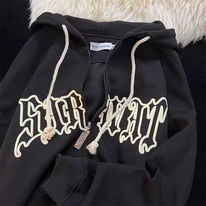 Women Letter Embroidery Hoodies Men Zipper Long Sleeve Loose Hooded Sweatshirts Autumn Winter Retro Pocket Oversize Jacket Coats