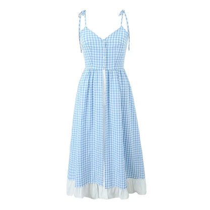 YESMYTOOL  -  Single Breasted Plaid Blue Summer Women Dress Spaghetti Strap Midi Casual Female Vestidos 2024 Cotton Slip Dress New