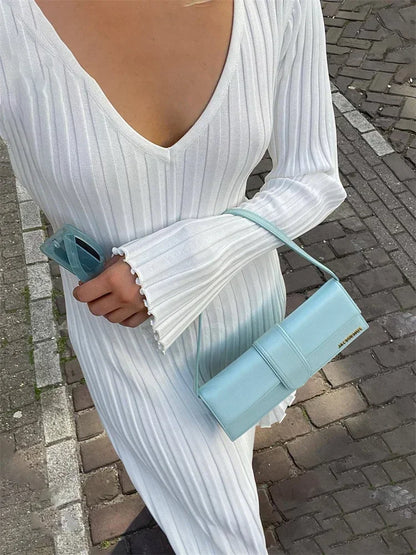 Autumn New V-Neck Knit Maxi Dress Women Ribbed Elegant Long Sleeve Streetwear High Waist Pleated Dresses Ladies Knitwear