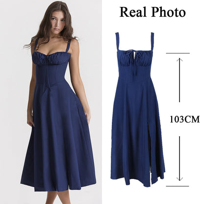 Women's Summer Floral Print Dresses Sweet Elegant Midi Holiday Dress Casual Slit Blue Lace Up Dresses