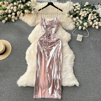 Sexy Spaghetti Strap Dress Women Elegant Shinny Sleeveless Backless Lace-up Bandage Slim Split Midi Ladies Dress Summer