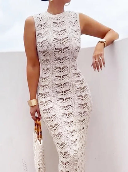 Summer Knitted O-neck Women Sleeveless Dress Sexy Bodycon Solid Strip Long Dress Fashion Office Dresses For Women