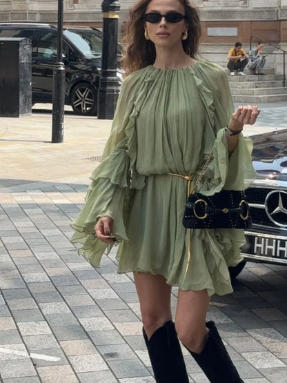 Pleated High Waisted Solid Color Casual Women's Dress Chic Layered Ruffled Flared Long Sleeved Robes Ladies Street New Vestidos