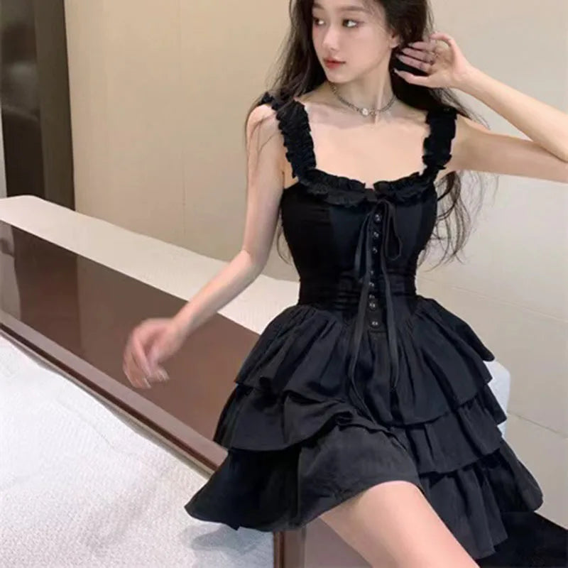 Gothic Black Sexy Slip Dress Y2K Harajuku Streetwear Punk Lace Up Cake Dress Female Summer Korean Fashion Party Ruffles Dresses