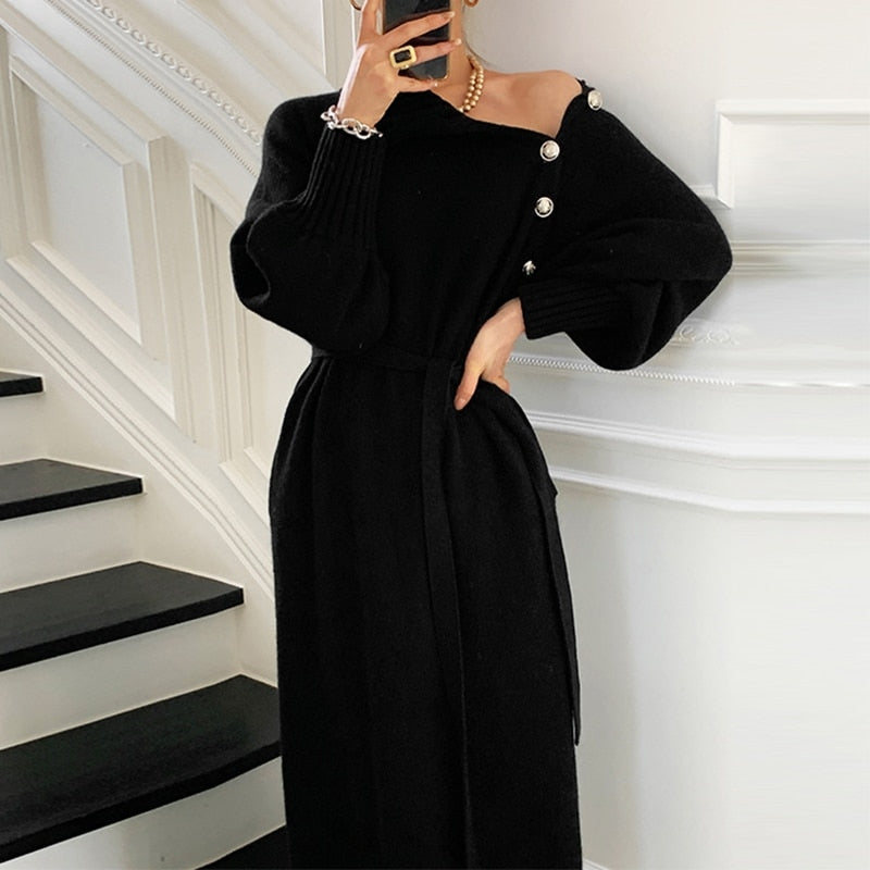 Winter Turtleneck Buttons Women Knitted Dress Elegant Full Sleeve Lace-up Female Thicken Long Dress for Sweater Autumn