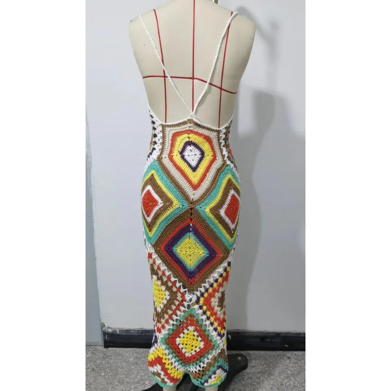 YESMYTOOL  -  Handmade Crochet Knitted Sling Maxi Dress Women  Summer Multi Color Backless Beachwear Bohemian Vacation Vestidos Sundress