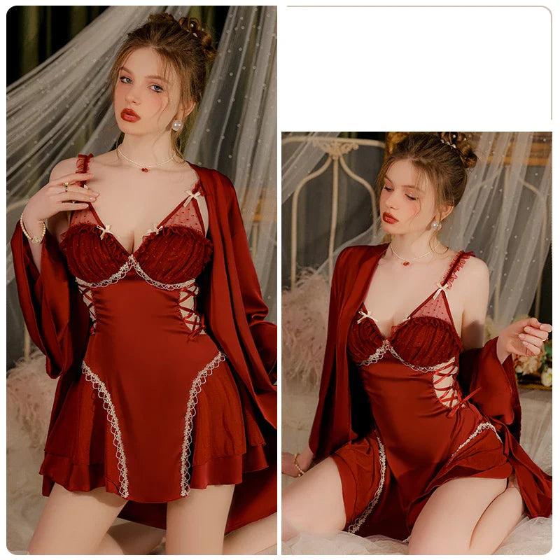 YESMYTOOL  -  Sweet Women Pajamas Bathrobe Backless Suspender Nightdress Sexy V Neck Lace Silk Nightgown Robe Set Homewear Bridesmaids Gifts