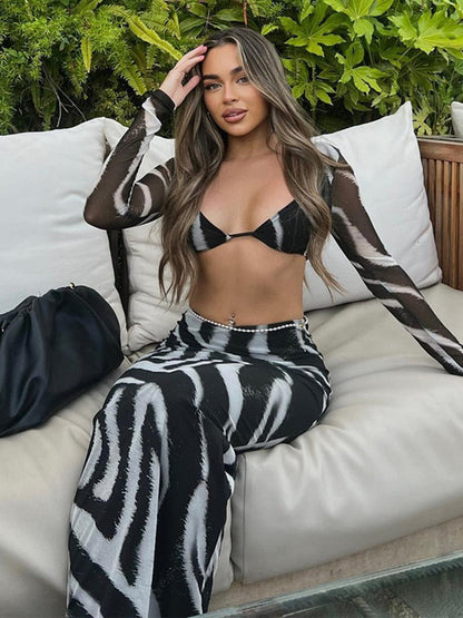 Women Skirts Sets Elegant Sexy Zebra Print Two Piece Sets Party Outfits Summer Long Sleeve T-shirts and Maxi Skirts Suits