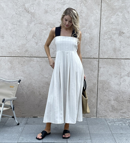 Women Casual Sleeveless Strap Linen Mid-calf Dress Summer striped Female Sundress Vestido