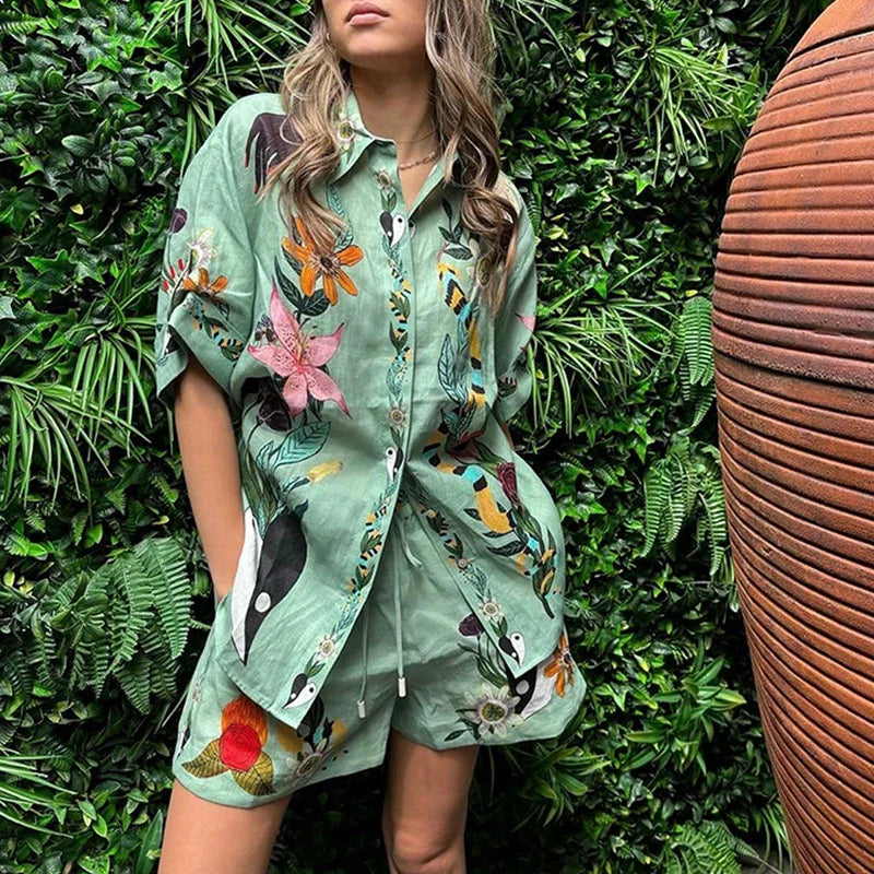 dingdamall  -  2024 Summer Pattern Print Loose Two Piece Sets Casual Vacation Single Breasted Shirt Outfit Women's Fashion Lace Up Shorts Suit