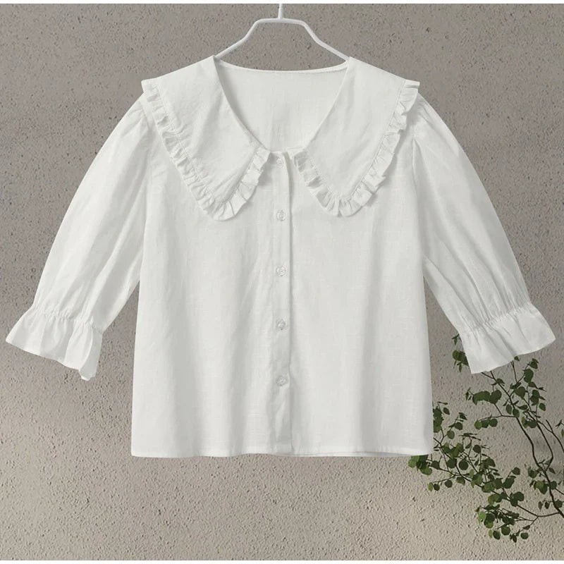 Casual Doll Collar Shirts Shorts Women 2 Piece Sets Loose Puff Sleeve Single Breasted Blouses Ruffles Short Pants  Summer