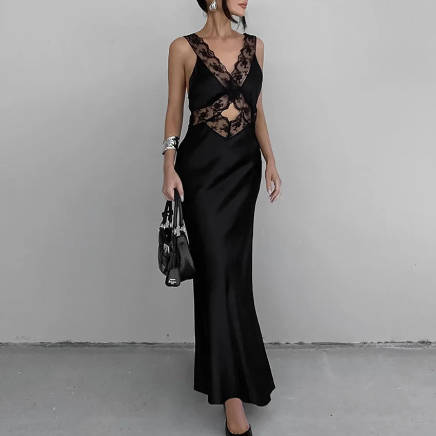 Lace Slim Maxi Dresses For Women Clothing Deep V Neck Sexy High Wasit Long Dress Party Fashion Evening Dress Woman