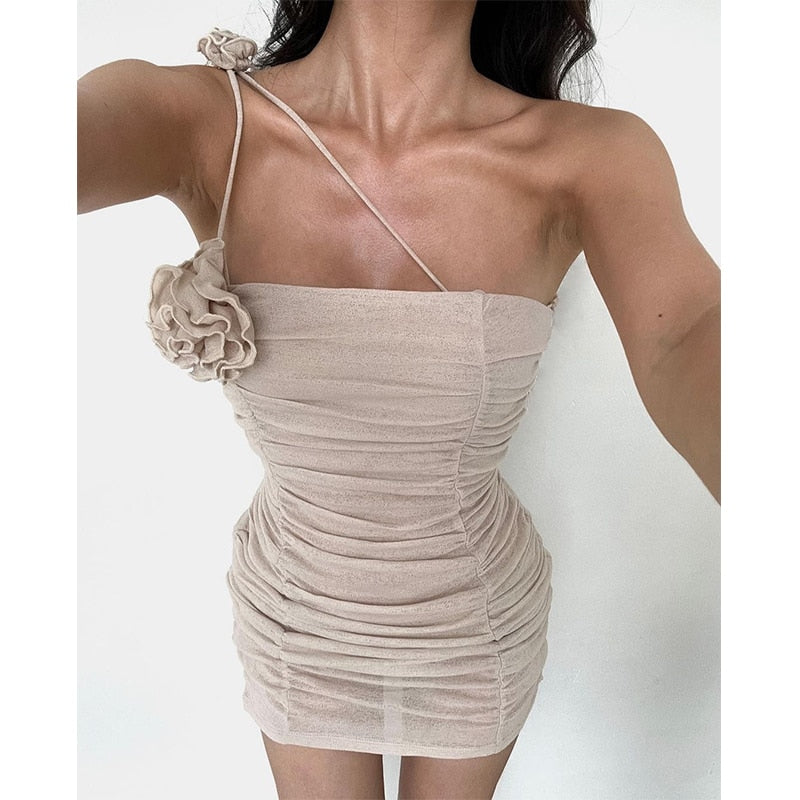 Vintage Mesh Pleated Dress Aesthetic Flower Oblique Collar Off Shoulder Mini Dresses Summer New Party Backless Vestidos