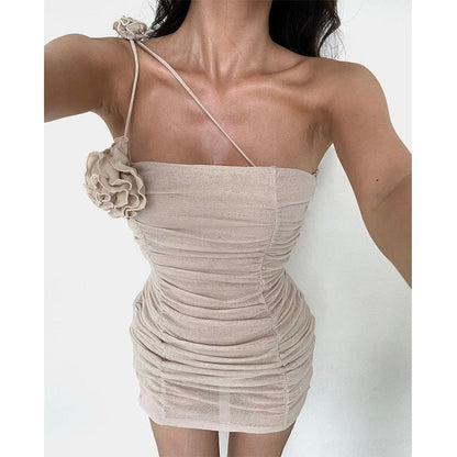 Vintage Mesh Pleated Dress Aesthetic Flower Oblique Collar Off Shoulder Mini Dresses Summer New Party Backless Vestidos