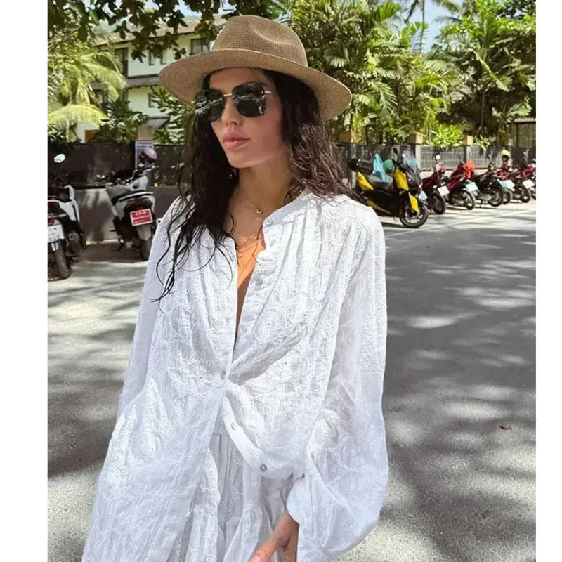 dingdamall  -  High Street White Long Sleeve Shirt Suits Stand Collar Button Top Pleated Shorts Two Piece Sets Beachwear Casual Suits For Women