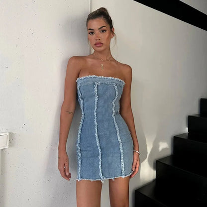 Yesmytool  -  Millennium Spice Girls Dress Sexy Slim Ripped Top Denim Bandeau Hip Dress Y2K Women's Clothing Vestidos