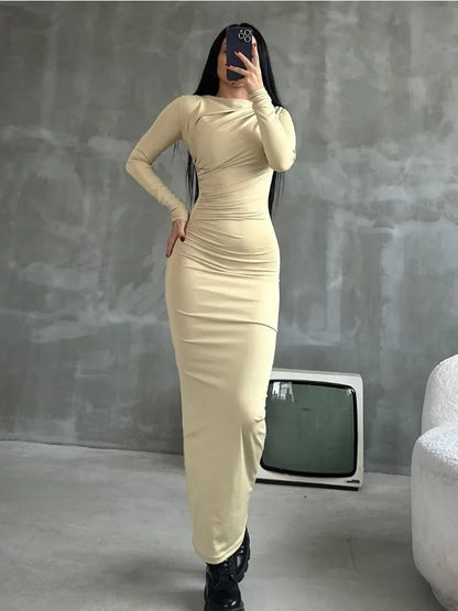 Pleated Long sleeved Slim Maxi Dress Women Solid Fashion Elegant Party Dress Gown Off-Shoulder High Waist Bodycon Dress