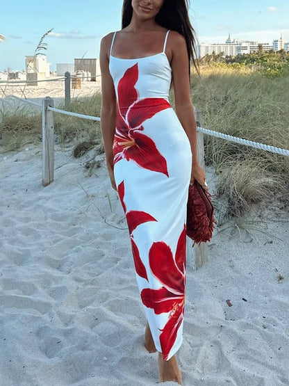 Summer Printed Maxi Dress For Women Backless Fashion Slim High Waist Spaghetti Dress Holiday Patchwork Female Long Dress