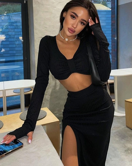 Elegant Solid Black 2 Pieces Set Women Outfit Long Sleeves Crop Top+High Waist Side Slit Skirts Matching Lady Streetwear