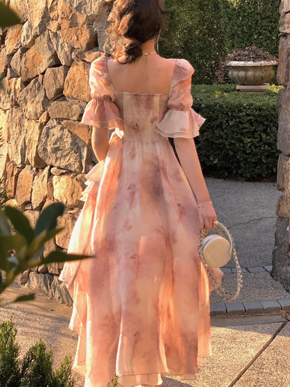 Women Summer New Elegent Ruffles Princess Party Prom Print Dress Female Fashion French Casual One Piece Vestidos Korean Clothes