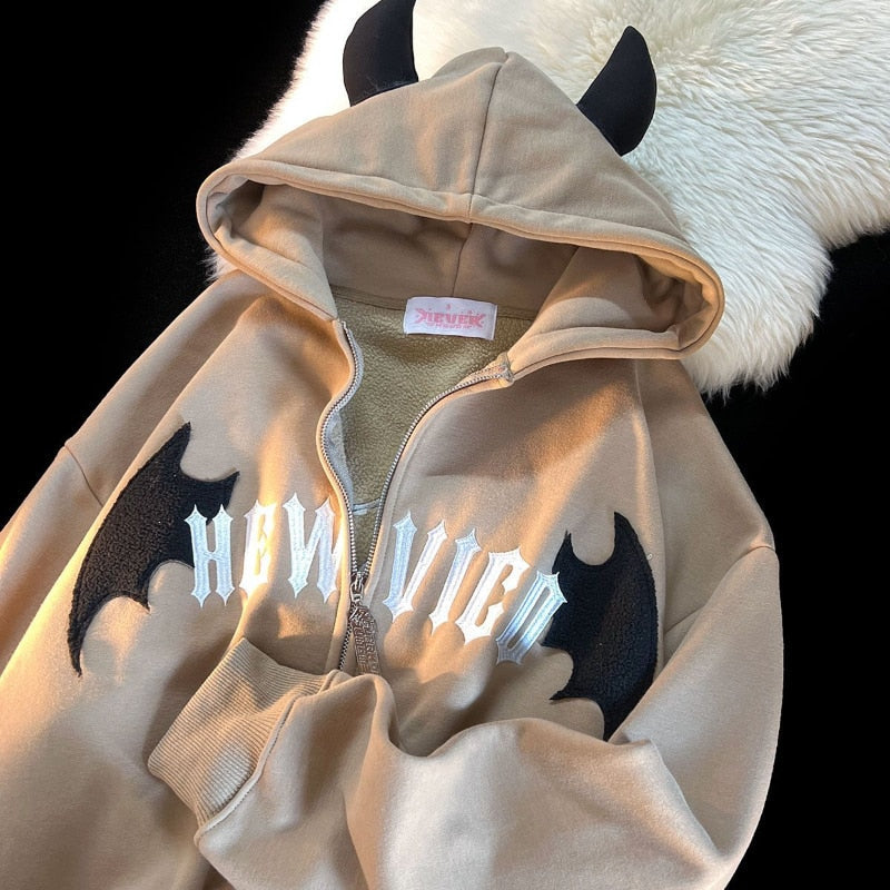 American Retro Little Devil Horn Hoodies Y2k Women Letter Embroidery Zipper Hooded Sweatshirt Harajuku Casual Loose Jacket Coats