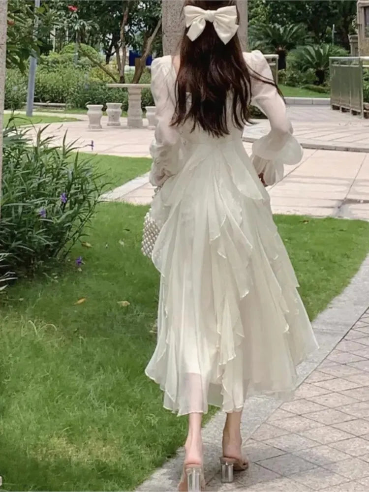 Vintage Fairy Chiffon Long Dress Women White Elegant French Party Midi Dress Puff Sleeve Casual Women's Clothing