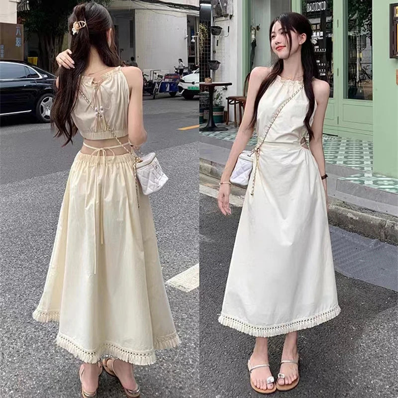 Summer Halter Cut-out Sleeveless Tassel Hem Holiday Beach Women Long Dress