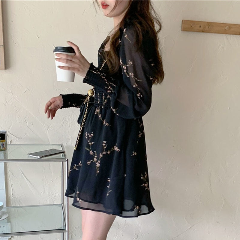 Spring Womens Sexy Black Dress Vintage Flower Long Puff Sleeve Chiffon Dresses Korean Casual Mini Vestidos Mujer Clothes