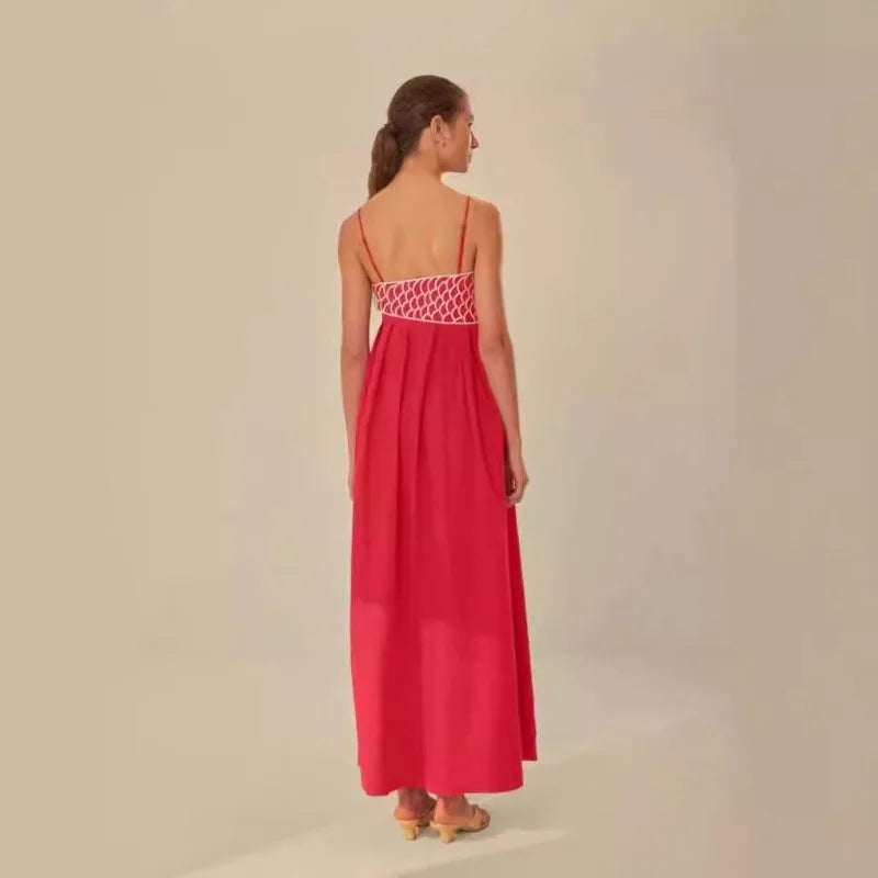 YESMYTOOL  -  Design 3D Embroidered Red Koi Strap Dress 2024 Spring Summer New Pleated High Waist Sleeveless Backless Elegant Long Robes