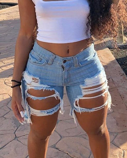 Women Summer Zipper Fly Ripped Cutout Denim Shorts Casual Short Pants Summer Streetwear Daily Shorts Women Clothes