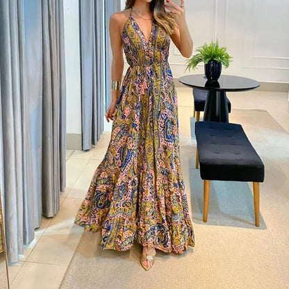 YESMYTOOL  -  Vintage Printed Tie-up Bohe Suspender Dress Women Elegant V-neck Hight Split Long Dress Summer Sexy Sleeveless Beach Cover Up