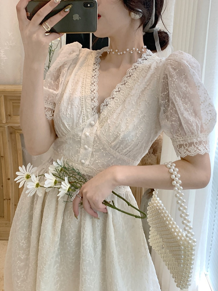 Summer Elegant Lace Fairy Dresses Women Embroidery Mesh Sweet Party Long Dress Female Elegant Korean Lolita Princess Dress