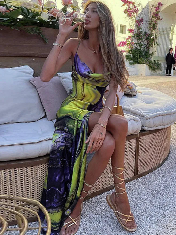 Autumn Spaghetti Strap Print Maxi Dress For Women Gown Fashion Sleeveless Bodycon High Split Long Printed Dress