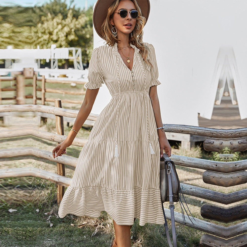 Spring Women's  Striped Dress Causal Short Sleeve Tassel Medium Long Summer V Neck Button Dresses For Female