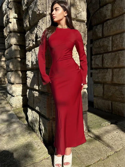 Stain Slim Maxi Dresses For Women Elegant Solid Party Evening Dress Women's High Waist Luxury Femme Autumn Fashion Dress