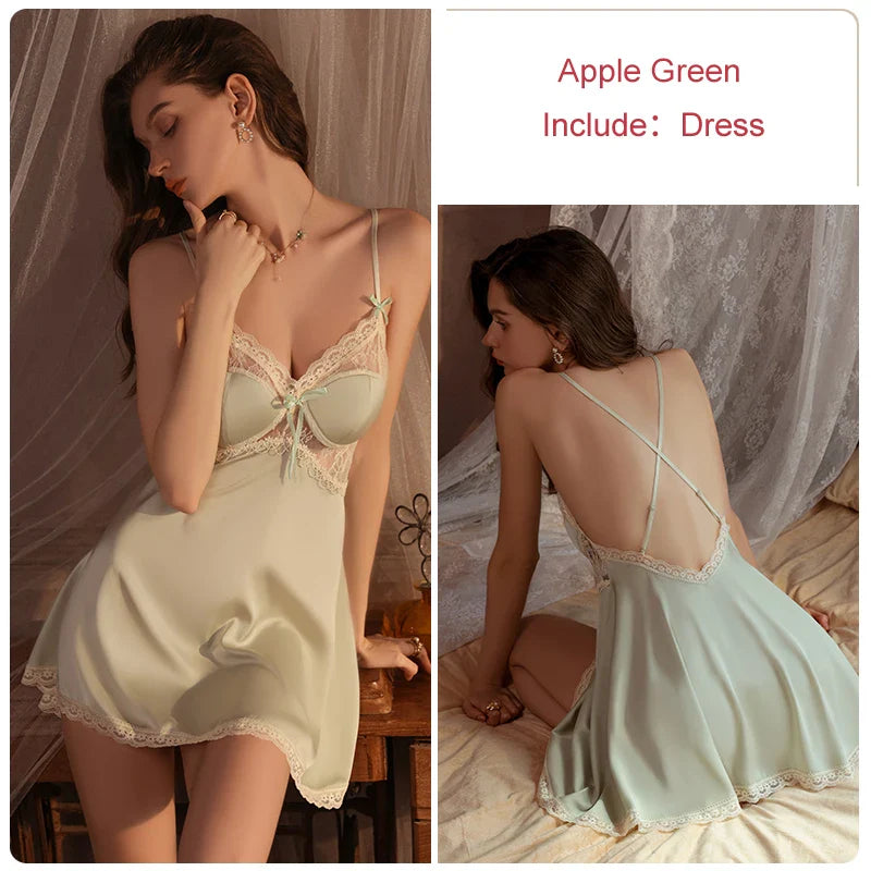 YESMYTOOL  -  Wedding Nightdress Backless Sling Sleepwear Ice Silk Home Clothes Nightgown Outfits Satin Elegant  Loungewear Long French Costum