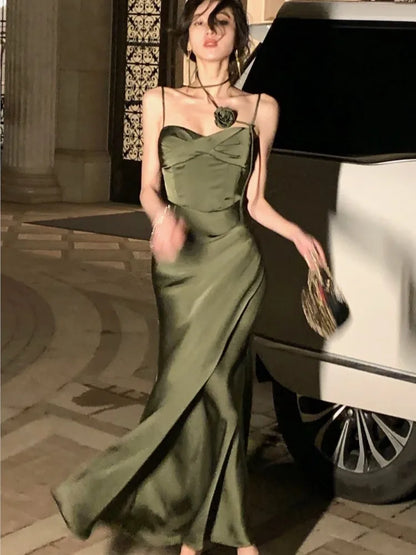 Elegant Solid Satin Midi Dresses for Women Spaghetti Strap Bodycon 3D Flower Slim Corset Evening Party One Piece Lady Vestidos